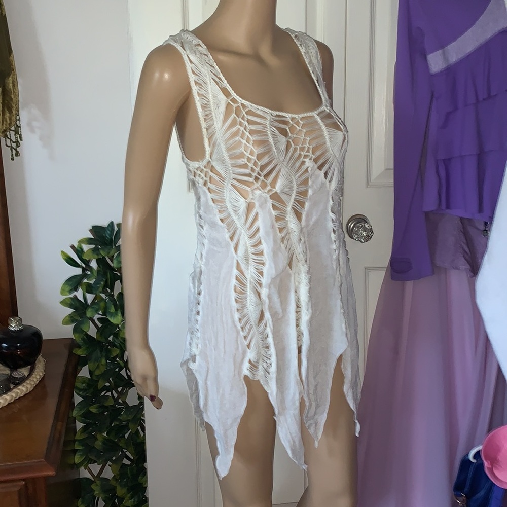 90's Qed London Crochet shark bite gauze scoop neck tank tunic top mini dress M